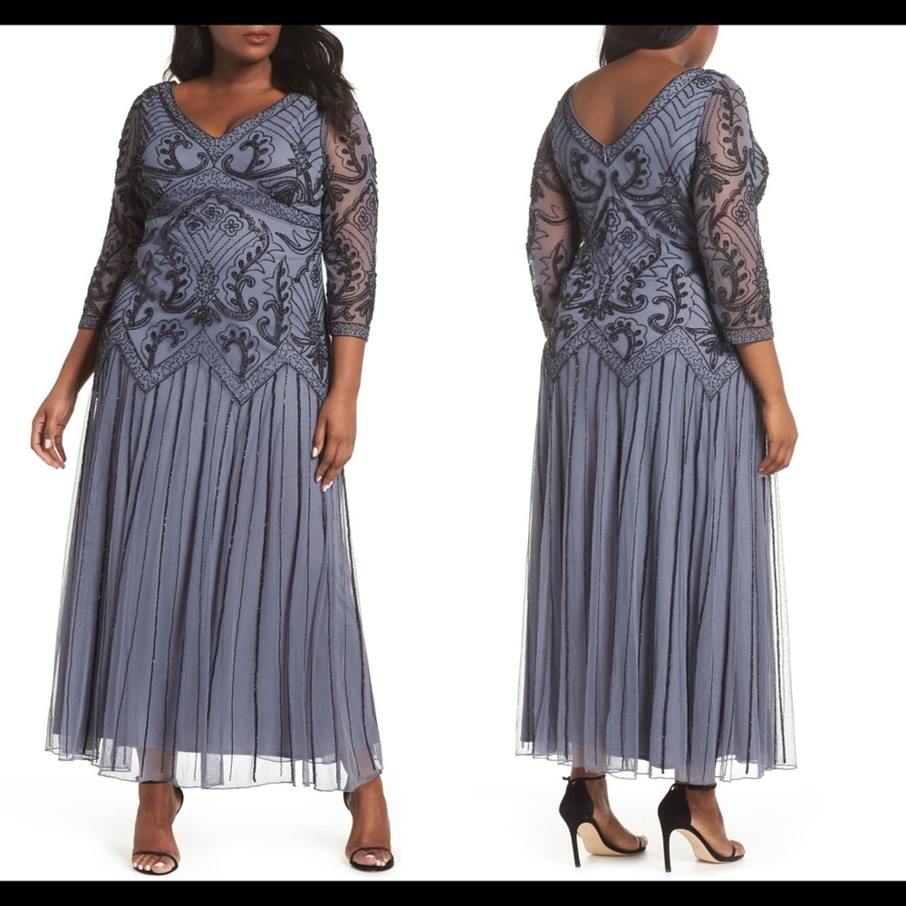 NWT Pisarro Nights Embellished Double V-Neck Long Dress in Grey‎ [SZ 20W ]